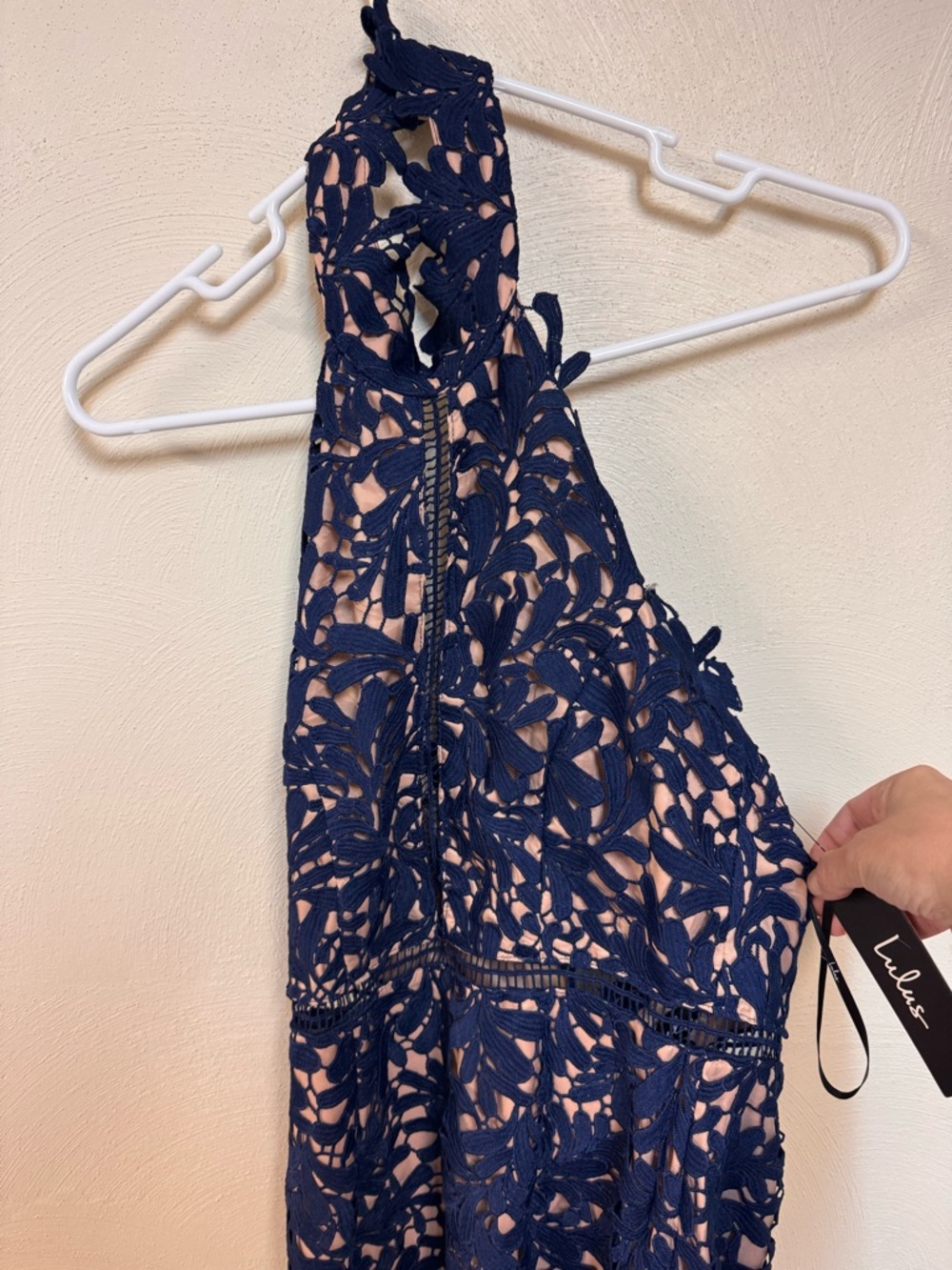 NWT Lulus Blue Floral Lace Halter Sheath Midi Dress Lined Zip Back Women M - Picture 4 of 10